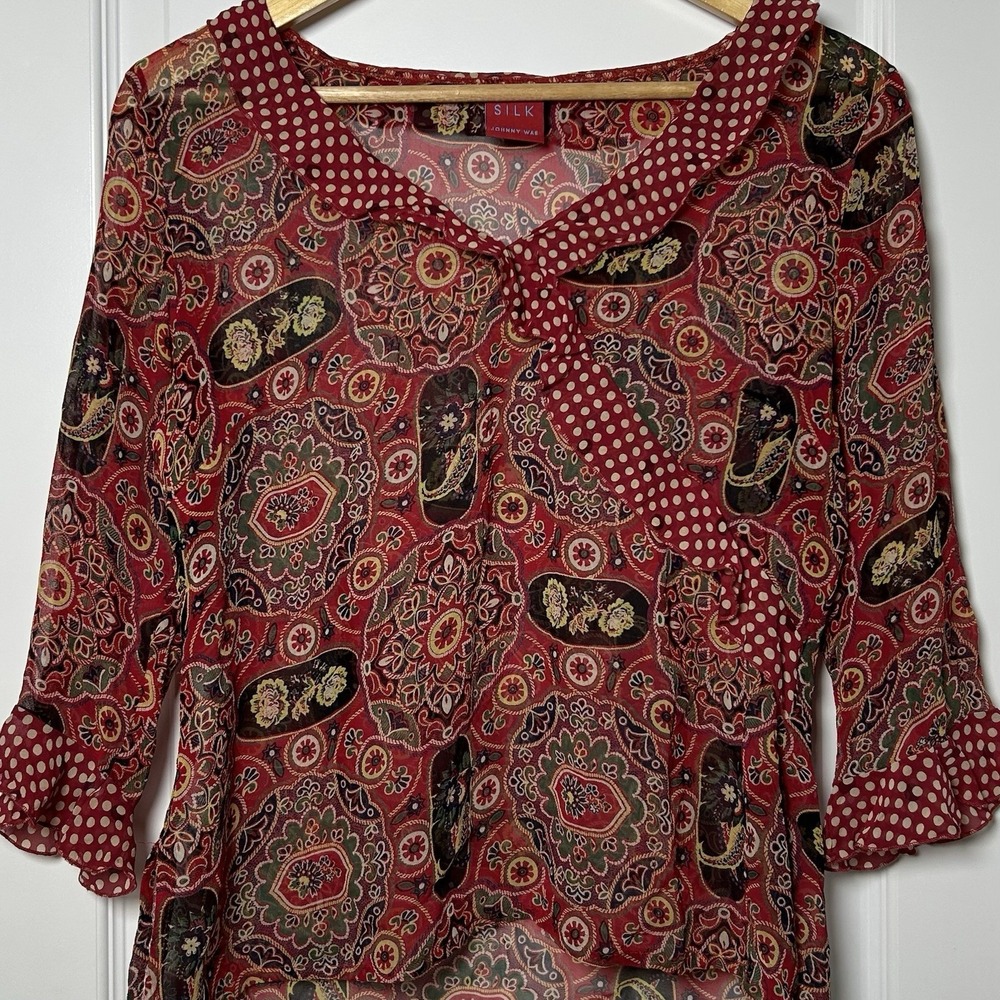 Johnny Was‎ Silk Paisley Polka Dot Mixed Print Ruffle Blouse Boho Artisan Style